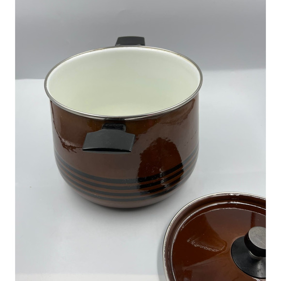 Vtg West Bend Brown Enamelware Scandia Bean Stock Pot W Lid Handles MCM - Picture 10 of 13